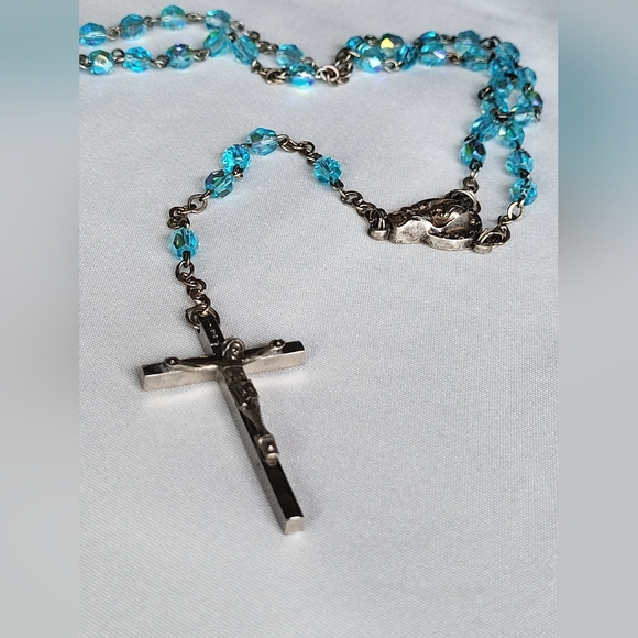 Aurora Borealis Beaded Rosary 19", Stamped Italy - Picture 2 of 8